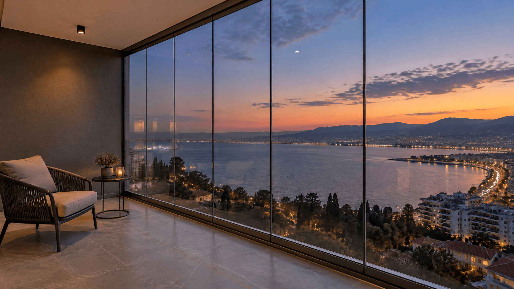 Katlanır cam balkon sistemi ve körfez manzarası